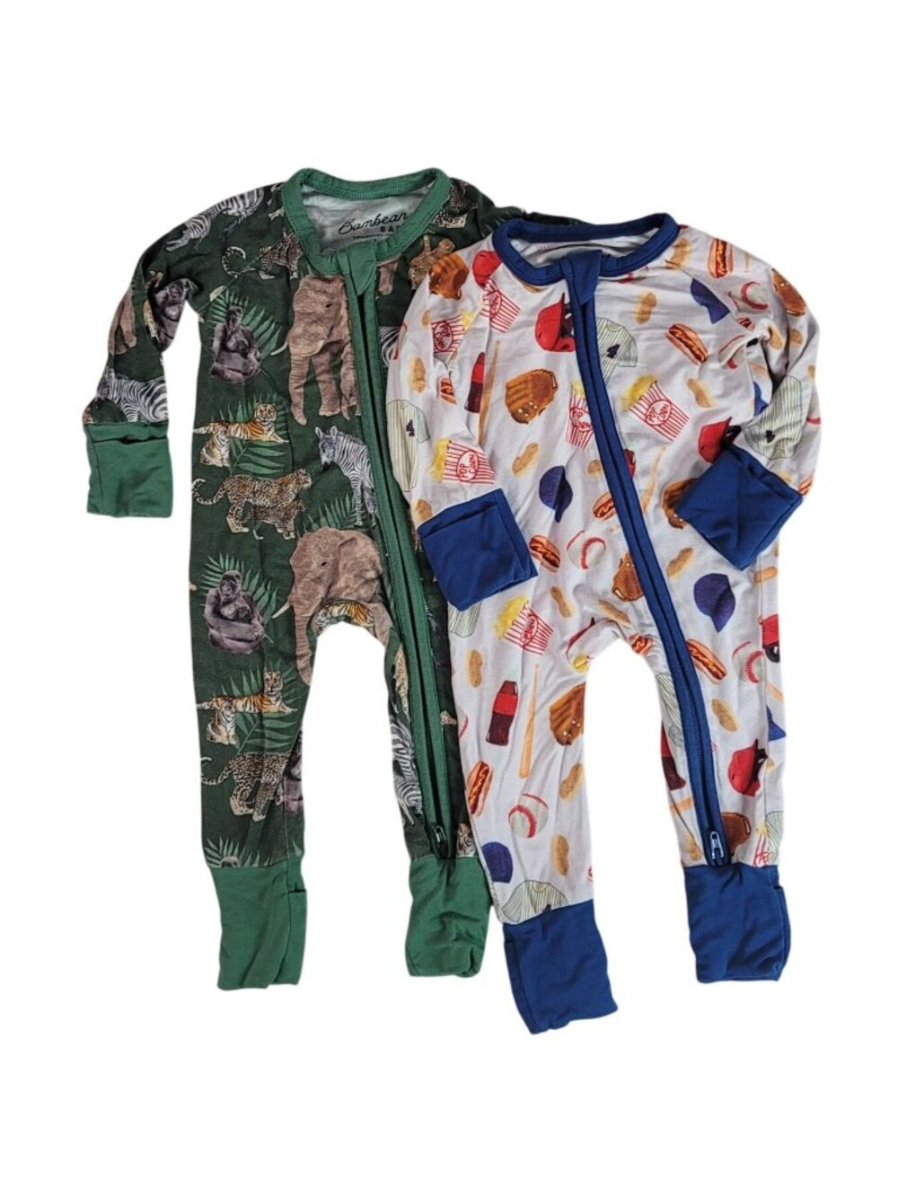 Bambean Baby x2 Sleepers Green Blue NB Baseball Safari Zip Long Sleeve Foldover